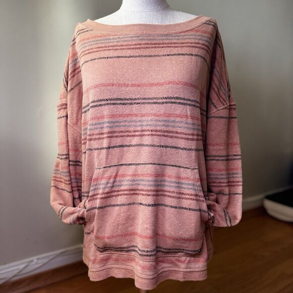 prAna Women’s Cozy Up Suncation Top Pink Sand Multi Stripe Relaxed Hemp L EUC - Picture 2 of 16
